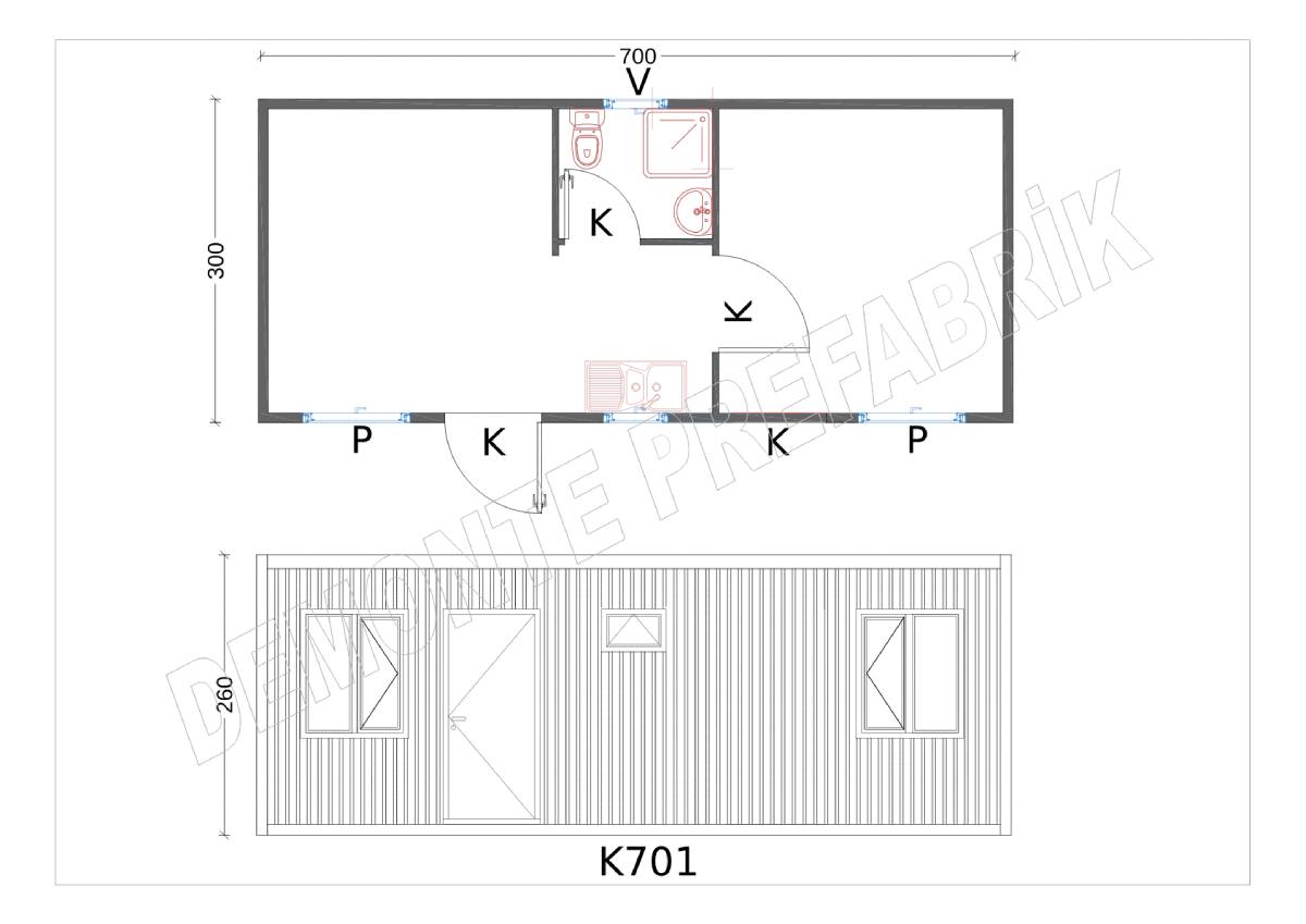 İki Oda WC/Duş ve Mutfaklı Full Konteyner-K701