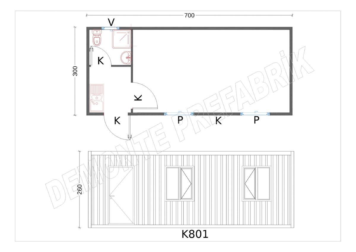 Tek Oda WC/Duş ve Mutfaklı Ofis Konteyner-K801