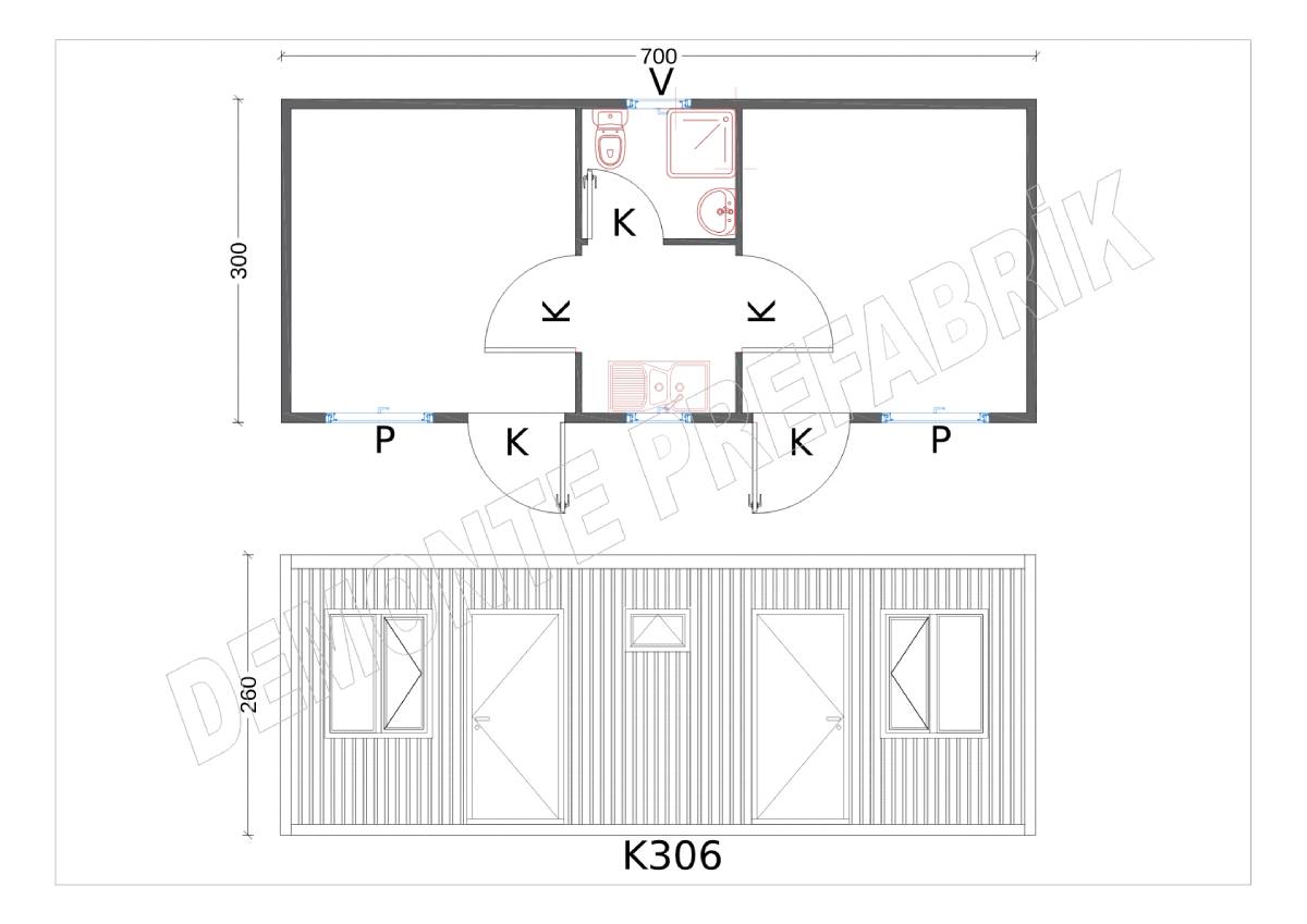 İki Oda WC/Duş ve Mutfaklı Full Konteyner-K306